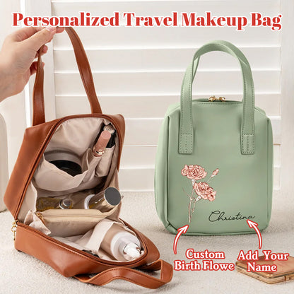 Personalized Birth Flower Makeup Bag with Name