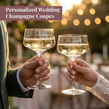 Personalized Crystal Champagne Coupe Glasses Set of 2 Custom Engraved Name Retro Style Cocktail Glass Wedding Toasting Flute Glasses for Groom Bride Anniversary Wedding Engagement Gifts