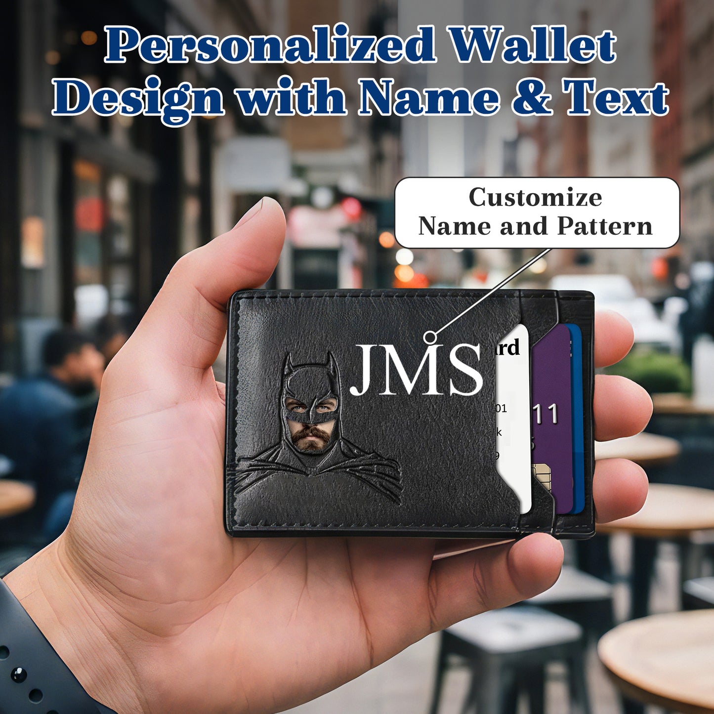 Personalized Bat Wallet with Name  Slim PU Leather ID Wallet Gifts for Men Husband  Boyfriend Dad  Face Eyes Cutout Card Holder with Multiple Card Slots Father's Day Birthday Anniversary