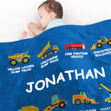 Personalized Construction Truck Blanket with Name – Soft Anti-Pilling Flannel Toddler Throw Gift for Kids