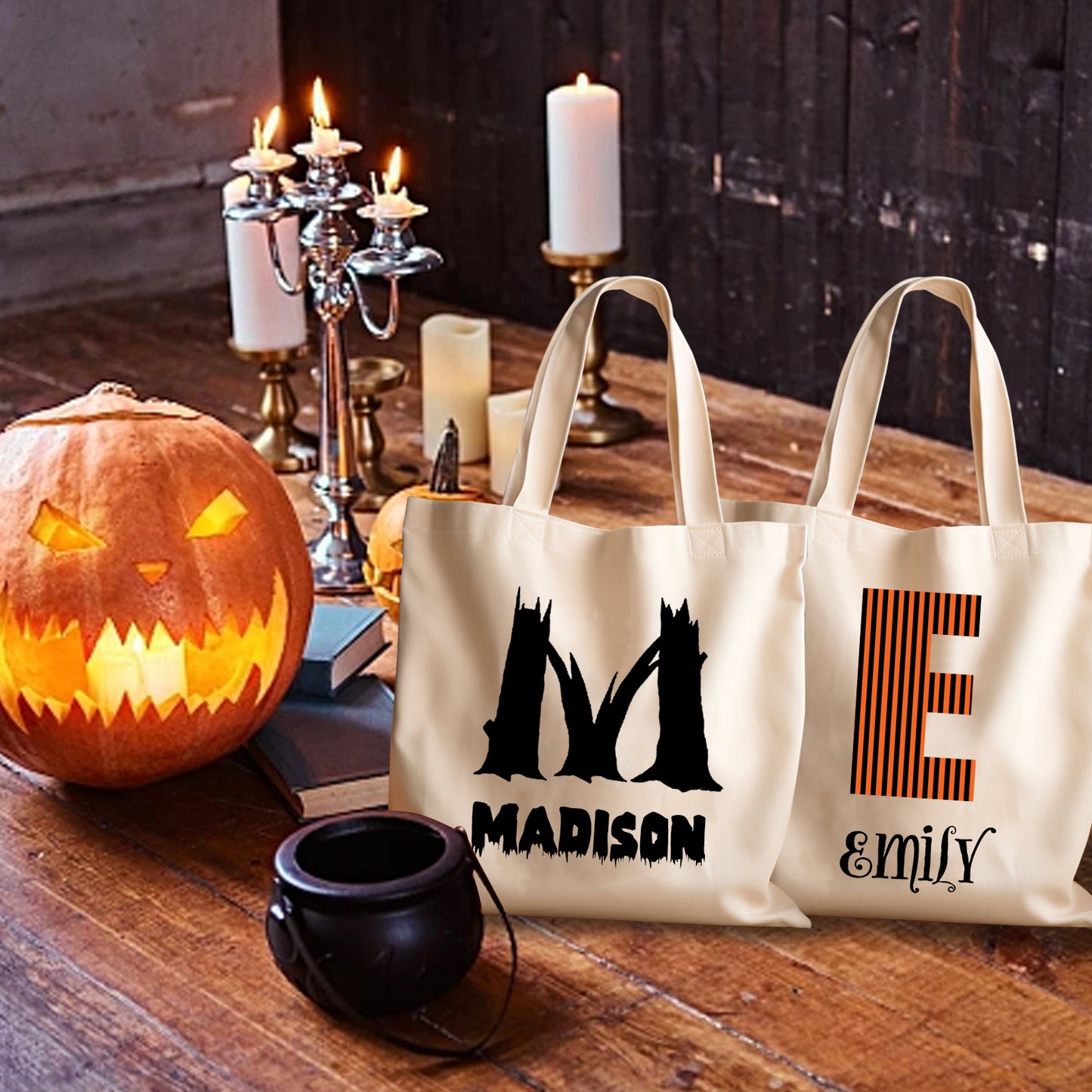 Personalized Halloween Tote Bag with Name, Custom Printed Name Halloween Basket