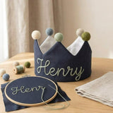 Hand Embroidered Linen Crown for Kids | Personalized Name Crown | Custom First Birthday Keepsake Gift