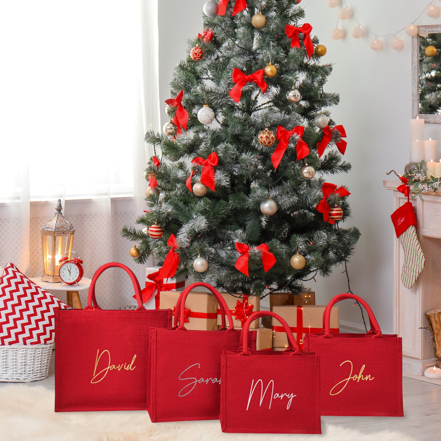 Personalized Red Jute Tote Bag