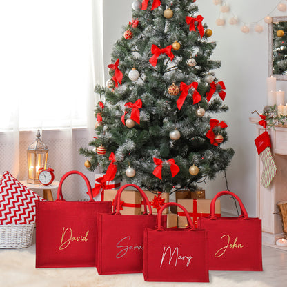 Personalized Red Jute Tote Bag