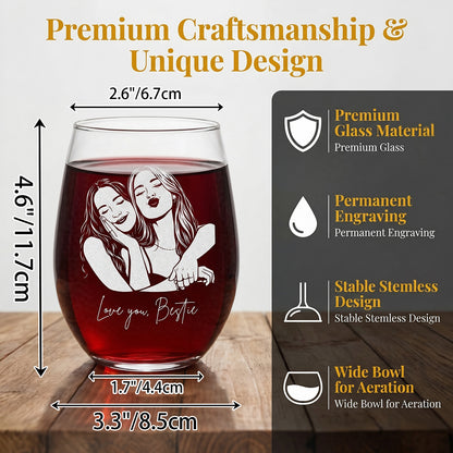 Personalized Besties Portrait Wine Glass BFF Gifts for Women Custom Photo and Name 15oz Stemless Wine Glass Soul Sister Present Gifts for Besties Sister Family Friend Bridesmaids