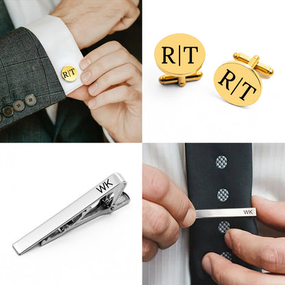 Personalised Tie Clip and Cufflinks Set with Wooden Box