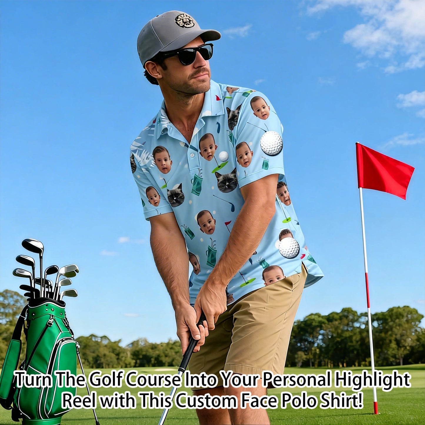 Personalized Golf Polo Shirt Custom Face on Shirt Funny Print Quick Dry Polo Shirt Unisex Golf Outfits Gifts for Golf Enthusiasts Golfer Dad Grandpa Husband Boyfriend Family Friends