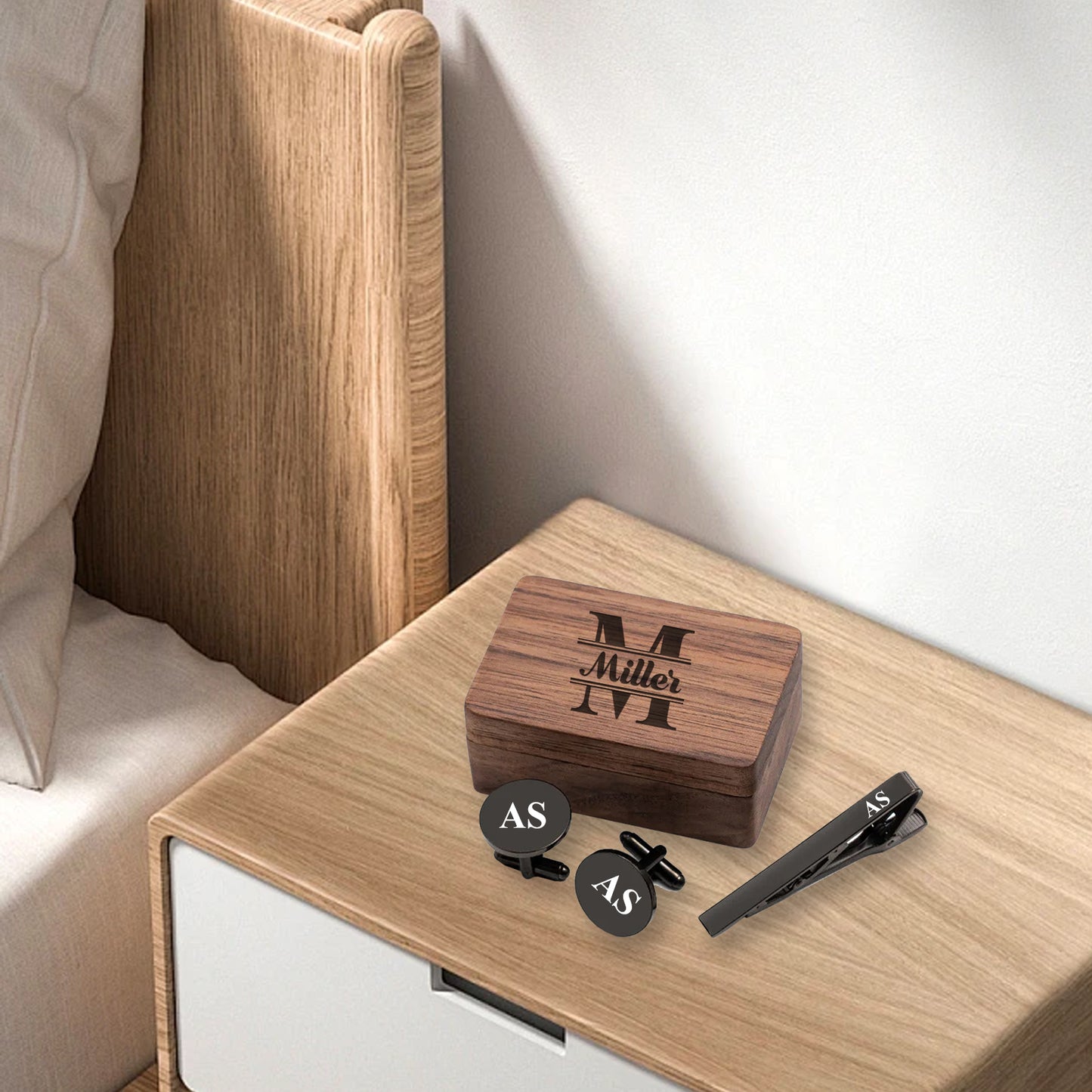 Personalized Tie Clip and Cufflinks Set, Custom Wedding Cufflinks, with Wooden Box, Groomsmen Wedding Gift Set