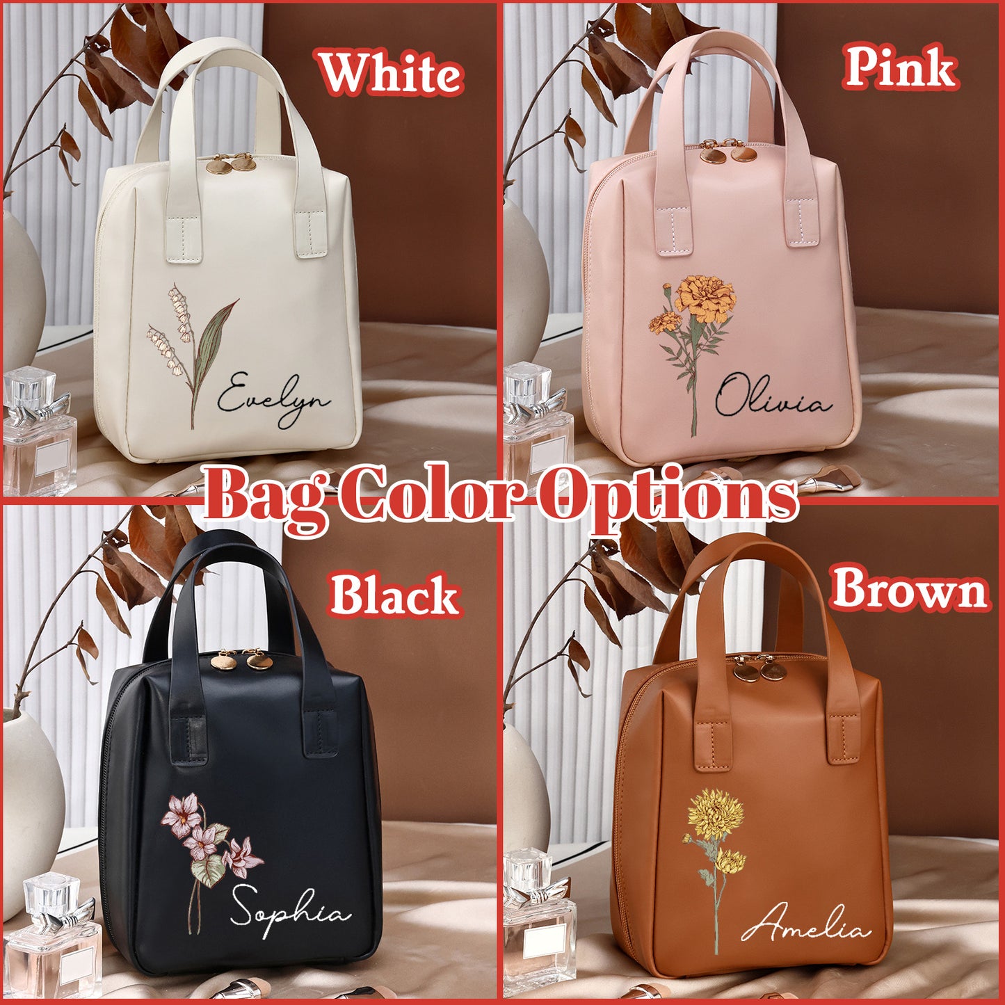 Personalized Birth Flower Makeup Bag with Name