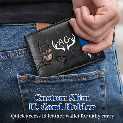 Personalized Bat Wallet with Name  Slim PU Leather ID Wallet Gifts for Men Husband  Boyfriend Dad  Face Eyes Cutout Card Holder with Multiple Card Slots Father's Day Birthday Anniversary