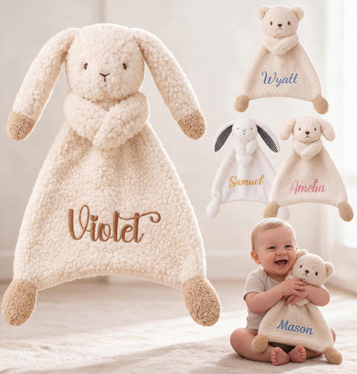 Personalized Baby Lovey Blanket Custom Embroidered Name Plush Bunny Blanket Baby Sleeping Comfort Towel Newborn Baptism Gifts for Boys Girls Baby Shower Birthday Easter