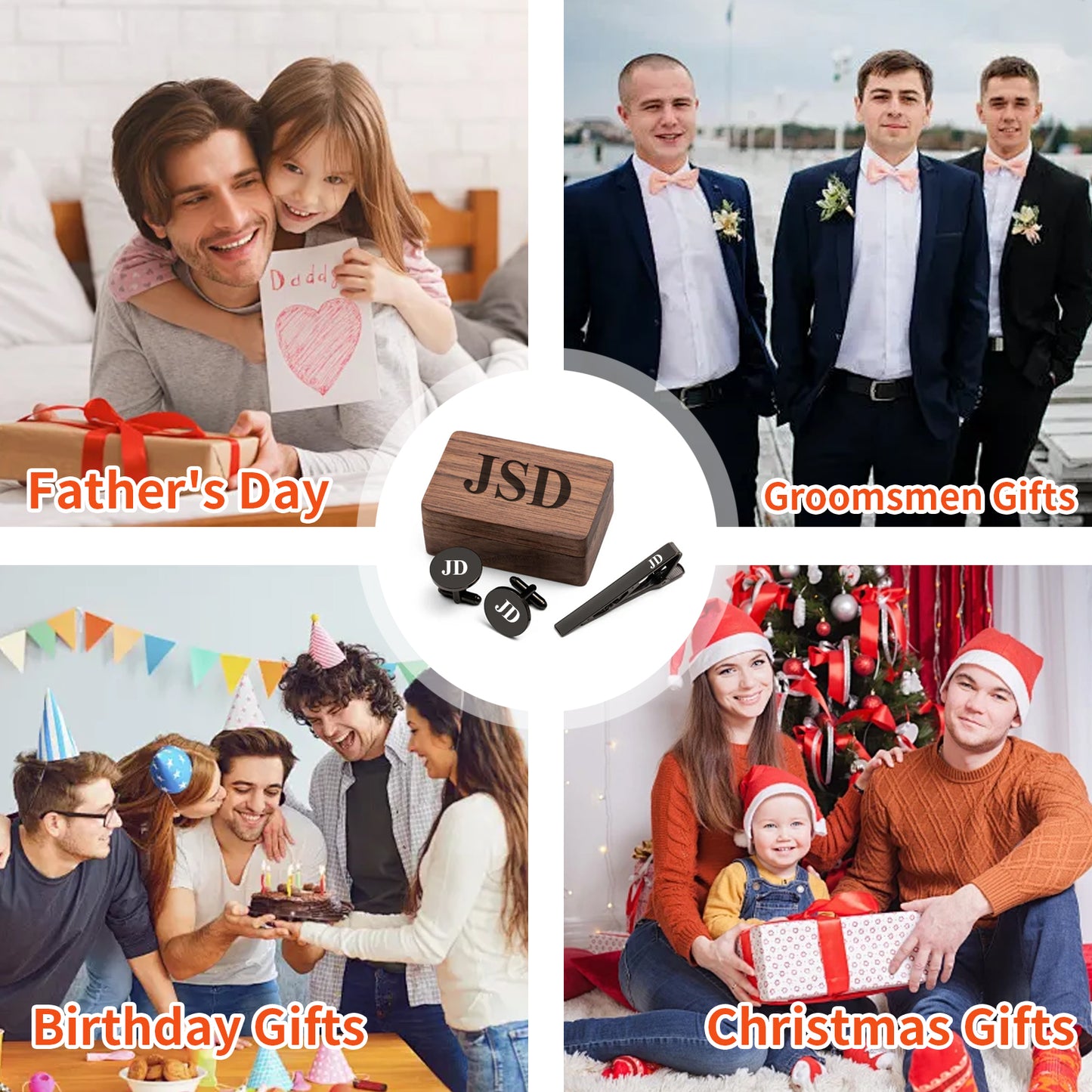 Personalized Tie Clip and Cufflinks Set, Custom Wedding Cufflinks, with Wooden Box, Groomsmen Wedding Gift Set