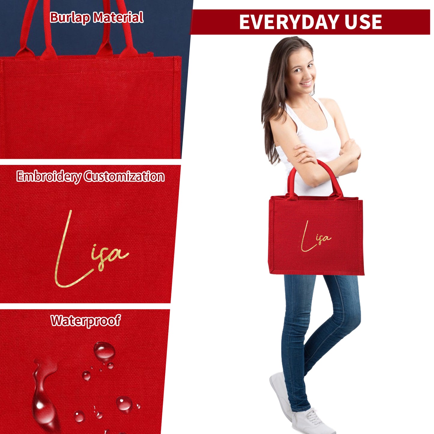 Personalized Red Jute Tote Bag