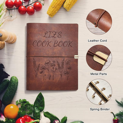 Handmade Leather Recipe Book, Personalized Engraving Name Journal Notebook