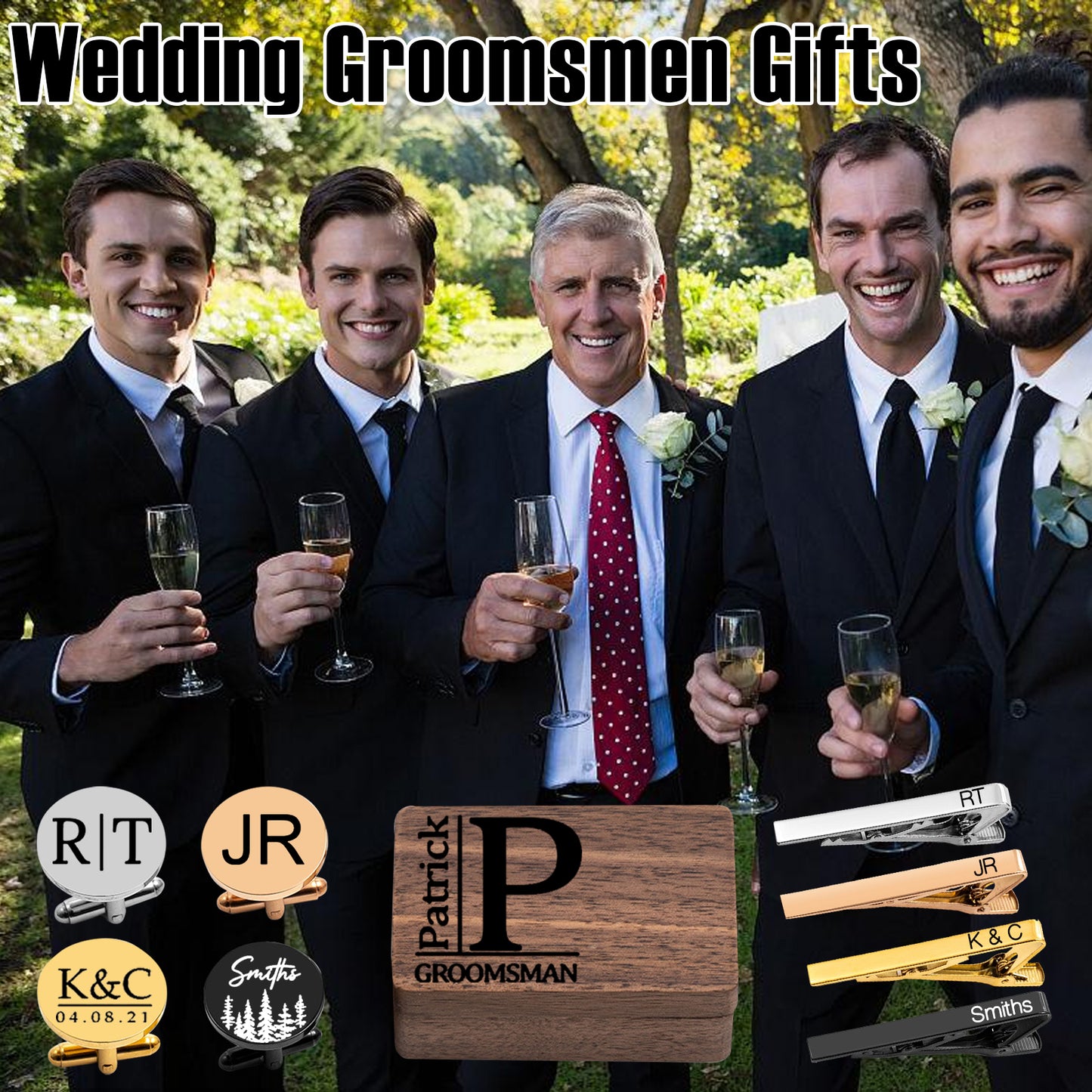 Personalised Tie Clip and Cufflinks Set with Wooden Box