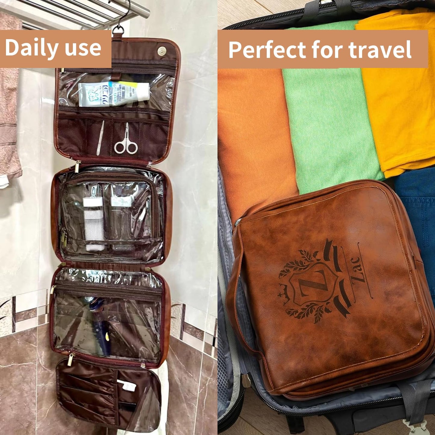 3-in-1 Large Personalized PU Leather Toiletry Bag For Men