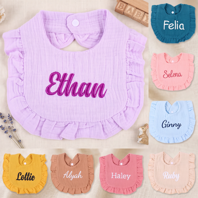 Personalized Embroidered Baby Bib pure Cotton Muslin with Name Customed Monogrammed Baby Girl Soft Bib for Girl Ruffle Bibs Gift Baby Shower Birthday Easter