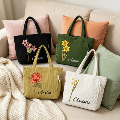 Personalized Birth Flower Corduroy Tote Bag for Women  Custom Name Large Shoulder Bag with Zipper