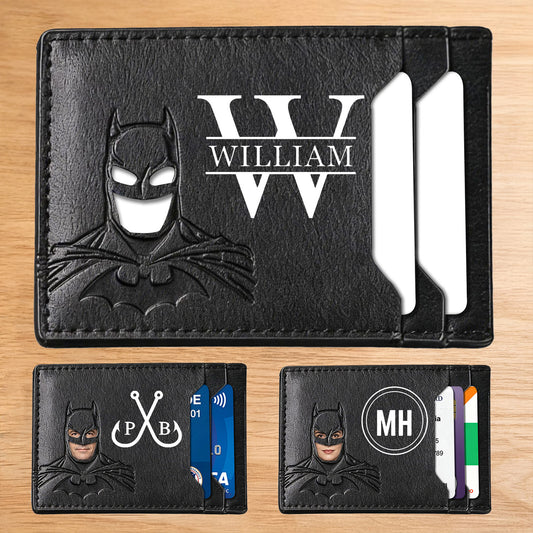 Billetera de bate personalizada con nombre, billetera delgada de cuero PU, regalos para hombres, marido, novio, papá, tarjetero con recorte de ojos y cara con múltiples ranuras para tarjetas, Día del Padre, cumpleaños, aniversario