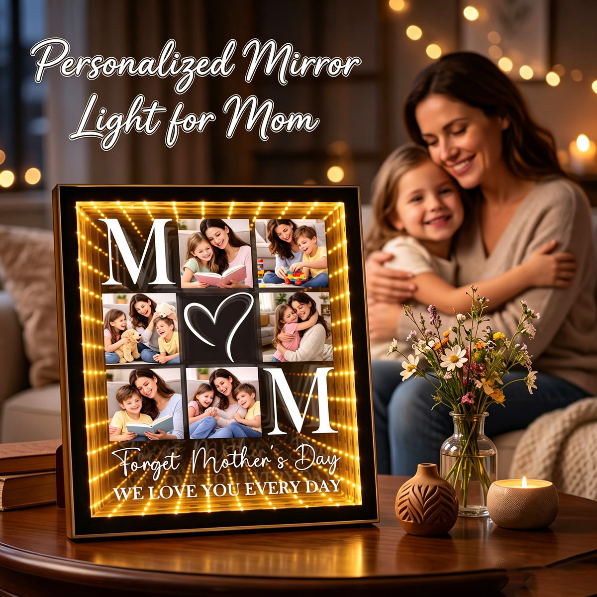 Personalized Photo Mirror Light for Mom 2-in-1 Makeup Mirror & Night Light Family Picture Frame Infinity Mirror Table Night Light Mother's Day Birthday Anniversary Housewarming Xmas Gifts