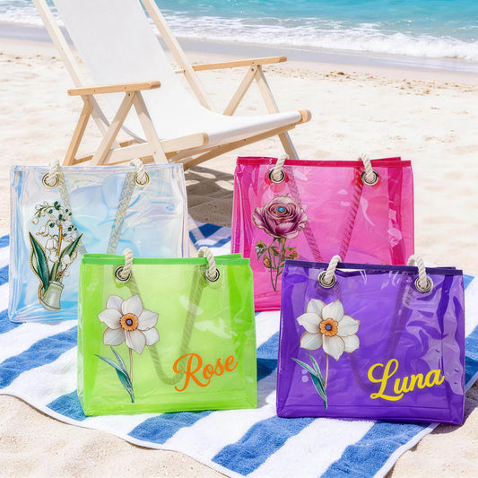 Personalized Clear Tote Bag for Women Custom Birth Flower and Name Iridescent Bachelorette Beach Bag for Work Stadium Travel Mother's Day Birthday Summer Vacation Gift for Family Friend