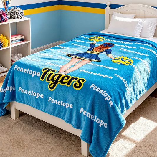 Personalized Cheer Blanket for Girls Custom Name & Cartoon Character Throw Cheer Team Gift for Adults Team Girls Dancers & Athletes Soft Fleece Blanket for Bedroom Travel & Competitions