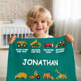 Personalized Construction Truck Blanket with Name – Soft Anti-Pilling Flannel Toddler Throw Gift for Kids